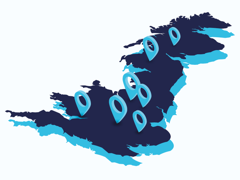 Map of the United Kingdom with markers showing the location of Secure Trust Bank Group offices